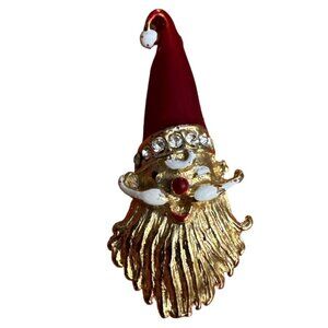 Vintage Santa Claus Brooch Pin Gold Tone with Red Hat and Rhinestones Holiday